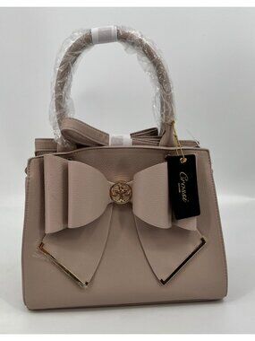 Crossi Gracie Satchel Beige Vegan Leather Bow Gold Hardware Zip Closure